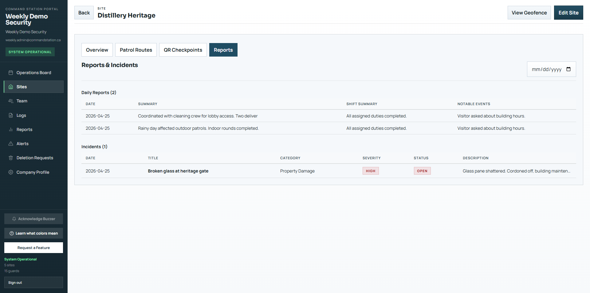 Site reports view